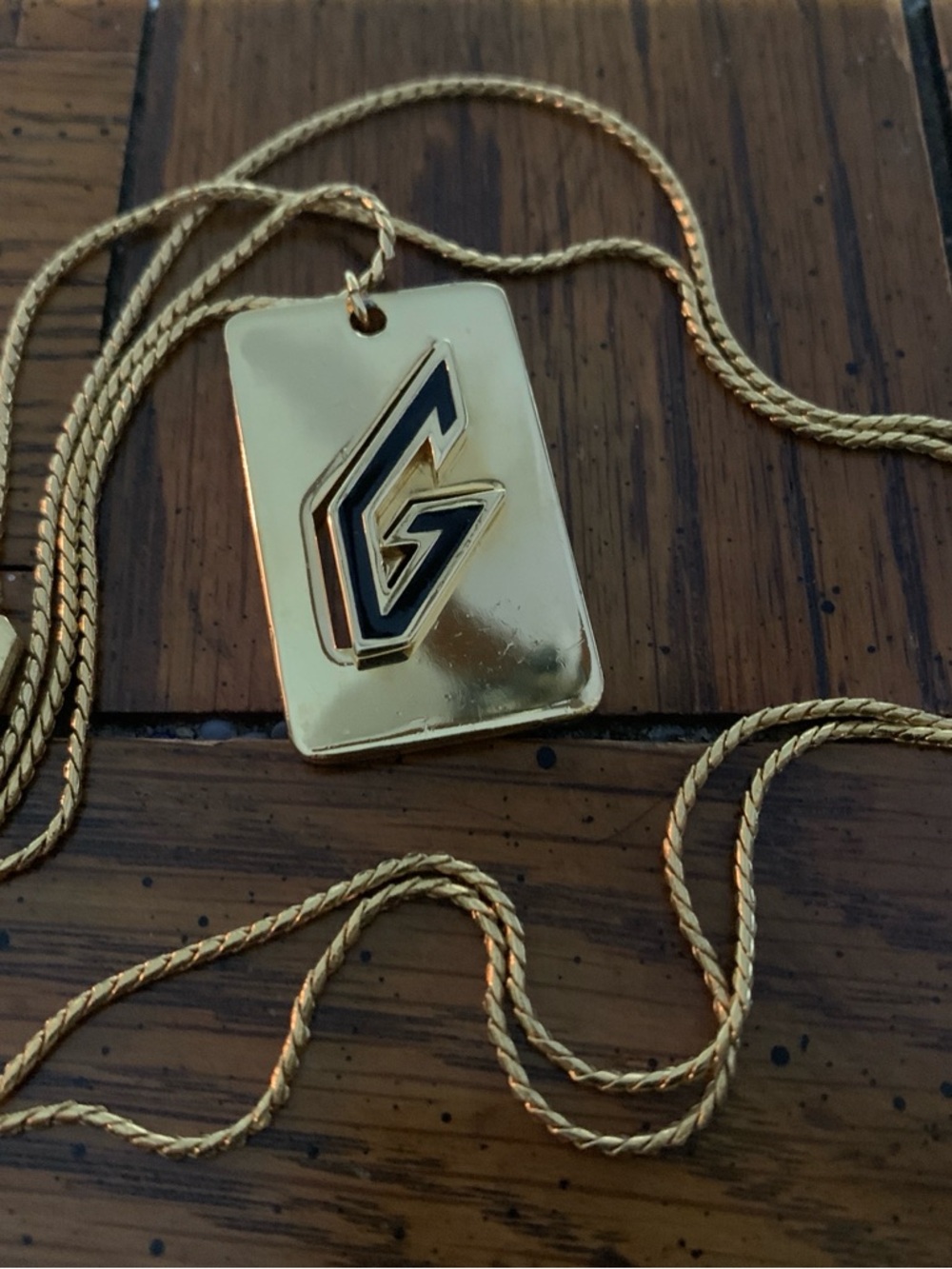 Givenchy Gold Rectangular Logo Pendant Necklace with Black Detail vintage 1979